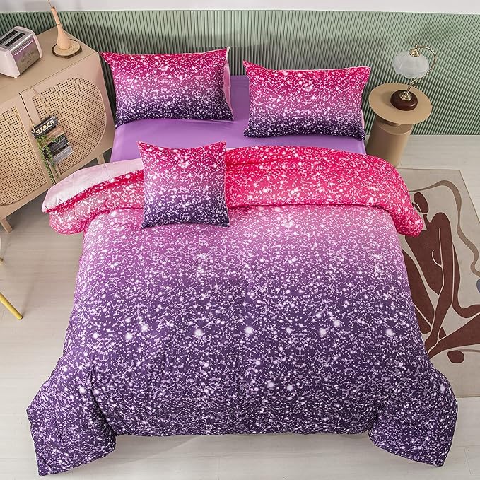 PERFEMET Purple Comforter Set Full Size - 6Pcs Colorful Rainbow Girls Bedding Set - Sparkly Pastel Ombre Bed in A Bag - (1 Comforter, 1 Flat Sheet, 1 Fitted Sheet, 2 Pillowcases, 1 Cushion Cover)