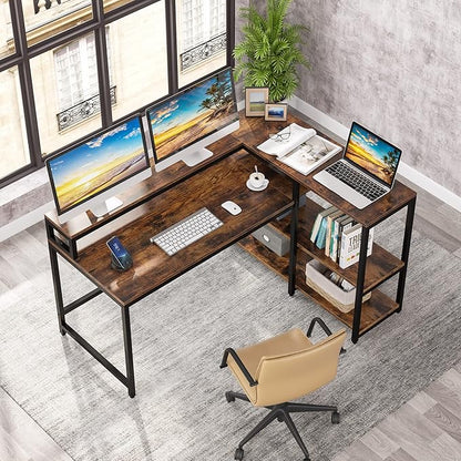 Reversible L Shaped Computer Desk with Storage Shelf, Industrial Corner Desk with Monitor Stand for Home Office
