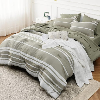 Bedsure Bed in a Bag Queen 7 Pieces, Olive Green White Striped Bedding Comforter Sets All Season Bed Set, 2 Pillow Shams, Flat Sheet, Fitted Sheet and 2 Pillowcases