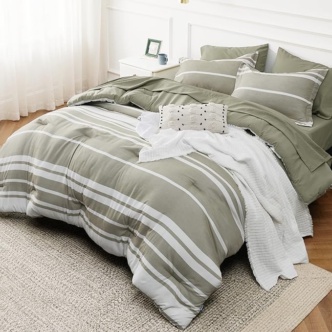 Bedsure Bed in a Bag King 7 Pieces, Olive Green White Striped Bedding Comforter Sets All Season Bed Set, 2 Pillow Shams, Flat Sheet, Fitted Sheet and 2 Pillowcases