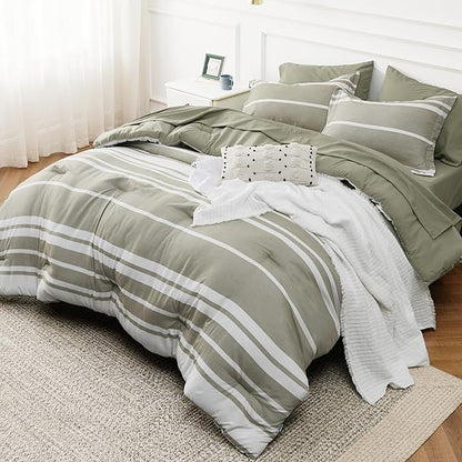 Bedsure Bed in a Bag King 7 Pieces, Olive Green White Striped Bedding Comforter Sets All Season Bed Set, 2 Pillow Shams, Flat Sheet, Fitted Sheet and 2 Pillowcases