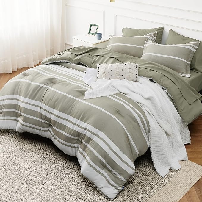 Bedsure Full Size Bedding Sets 7 Pieces, Olive Green White Striped Bedding Comforter Sets All Season Bed Set, 2 Pillow Shams, Flat Sheet, Fitted Sheet and 2 Pillowcases