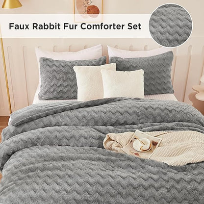 Andency Gray Fleece Comforter Set Full, 3 Pieces Fluffy Fuzzy Faux Fur Bedding Comforter Set, Plush Shaggy Warm Sherpa Bed Comforter Sets for Winter