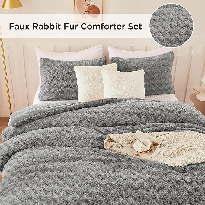 Andency Grey Fleece Comforter Set King, 3 Pieces Fuzzy Fluffy Faux Fur Bedding Comforter, Plush Shaggy Sherpa Bed Set for Winter (104x90Inch Comforter)