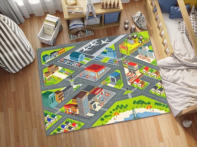 KC CUBS Road Play Map City Car Vehicle Traffic Educational Learning & Fun Game Area Non Slip Boy & Girl Kids Rug Carpet for Children Bedroom, Toddler Classroom & Baby Playroom Mat, Playtime Activity
