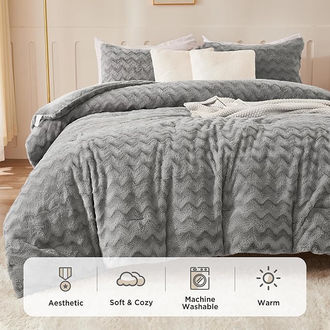 Andency Grey Fleece Comforter Set King, 3 Pieces Fuzzy Fluffy Faux Fur Bedding Comforter, Plush Shaggy Sherpa Bed Set for Winter (104x90Inch Comforter)