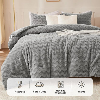 Andency Grey Fleece Comforter Set King, 3 Pieces Fuzzy Fluffy Faux Fur Bedding Comforter, Plush Shaggy Sherpa Bed Set for Winter (104x90Inch Comforter)