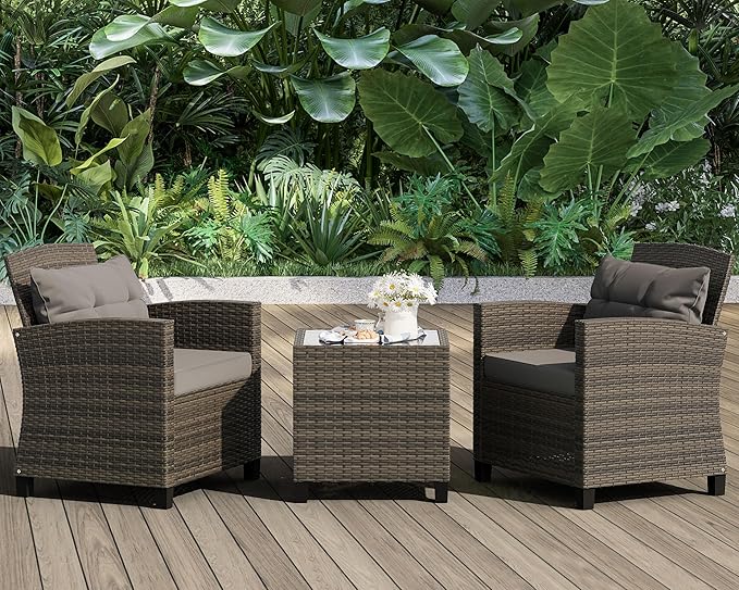 Shintenchi 3 Pieces Patio Furniture Set 3 Pieces PE Rattan Wicker Chairs with Table Outdoor Furniture for Backyard/Garden/Poolside/Outdoor Restaurant Gary Rattan with Gary Cushion
