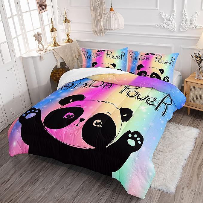 Datura home Bedding Comforter Set Rainbow Kawaii Cute Panda Printed Pattern with 1 and 2 Pillowcases for Girls Bedroom All Season(Panda Twin) Twin 68x86inches