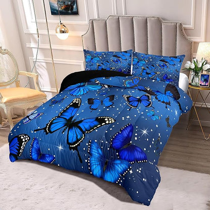 Blue Butterfly Comforter, Butterfly Bedding Set for Girls, Blue Butterflies with Sparkle Stars Prints Comforter Set for Women Girls Butterfly Bedding Full Size Quilt Set, 1 Comforter + 2 Pillowcases