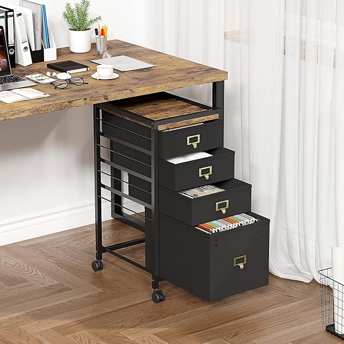 Vertical Mobile Filing Cabinet Fits A4 or Letter Size, Rustic Black