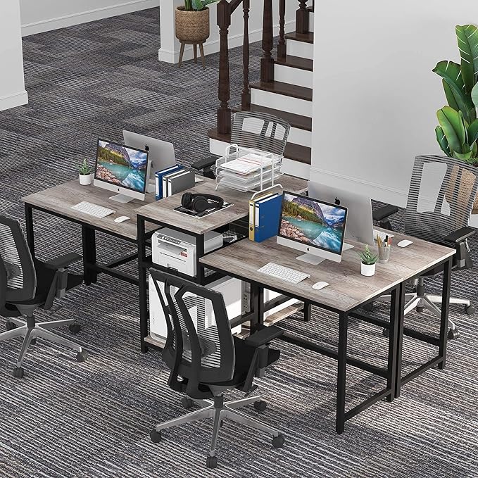Tribesigns Extra Long Two Person Desk with Storage Shelves, 96.9 inch Double Computer Desks with Printer Shelf for 2 People, Rustic Writing Desk Workstation for Home Office