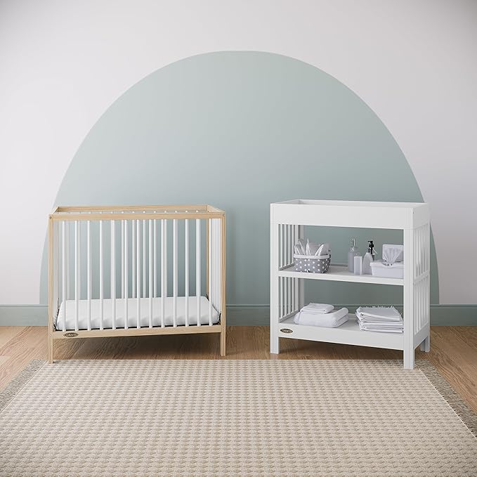 Graco Teddi 4-in-1 Convertible Mini Crib with Bonus Water-Resistant Mattress (Natural with White) – GREENGUARD Gold Certified, 2.75-Inch Mattress Included, Convenient Size, Easy 30-Minute Assembly