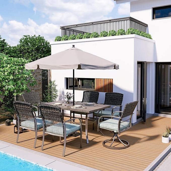 Pamapic 7 Piece Patio Dining Set for 6,Outdoor Wicker Furniture Set for Backyard Garden Deck Poolside with 4 Dining Chairs and 2 Swivel Rockers,Iron Slats Table Top, Removable Cushions(Green)