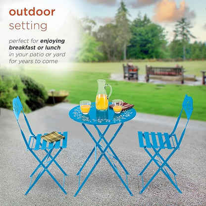 Alpine Corporation Indoor/Outdoor 3-Piece Bistro Set Folding Table and Chairs Patio Seating, Blue