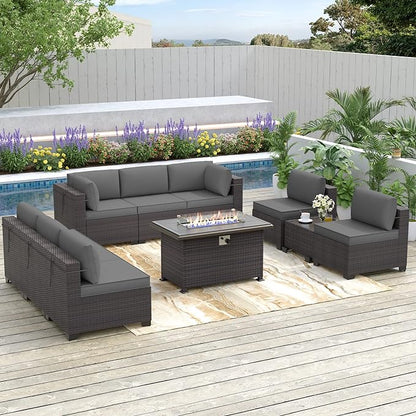 Patio Furniture Sectional Sofa Set 10-Pieces PE Rattan Patio Conversation Set w/43in Gas Fire Pit Table, Outdoor Furniture with 55000 BTU Propane Fire Pit, Grey