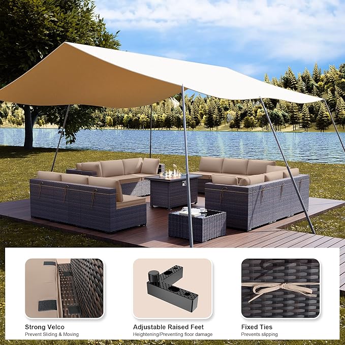 Kullavik 15 Pieces Outdoor Patio Furniture Set with 43" 55000BTU Gas Propane Fire Pit Table PE Wicker Rattan Sectional Sofa Patio Conversation Sets,Khaki