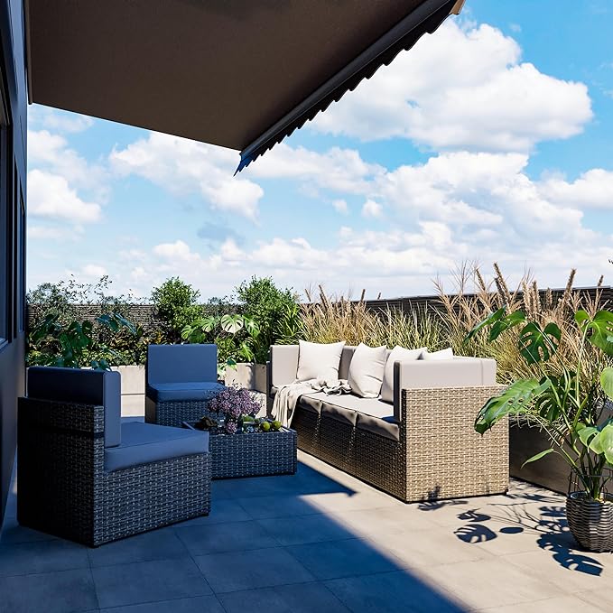 Pamapic Patio Furniture Set, 7 Pieces Modular Outdoor Sectional,Wicker Patio Sectional Sofa Conversation Set, Rattan Sofa with Coffee Table and Washable Cushions Covers, Grey Rattan(Grey Cushions)