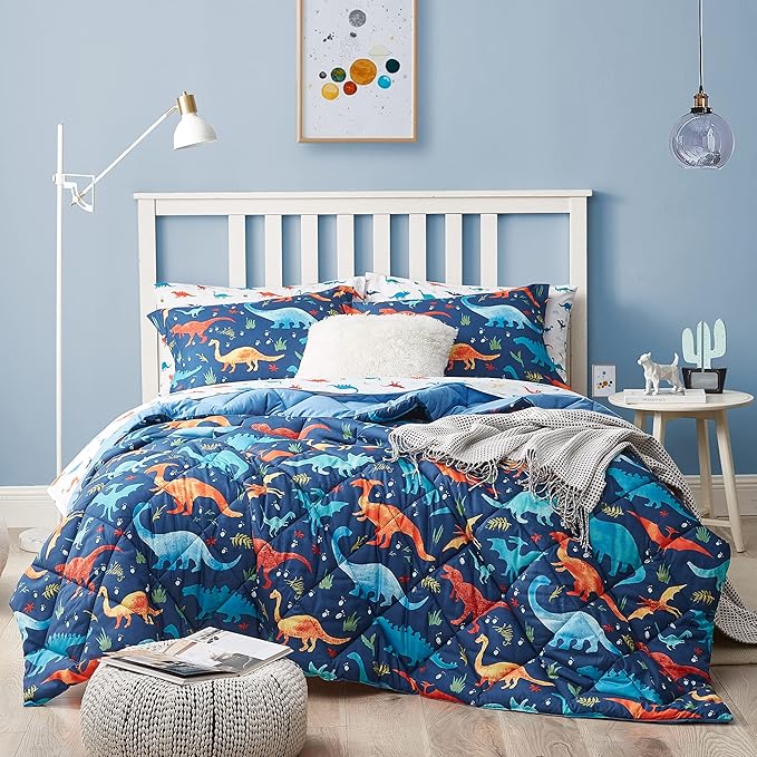 Kids Twin Bedding Comforter Set for Boys, 5 Pieces Soft Lightweight Dinosaur Bedding Twin Set with Sheets, Bed in a Bag, Durable Boys Twin Comforter Set