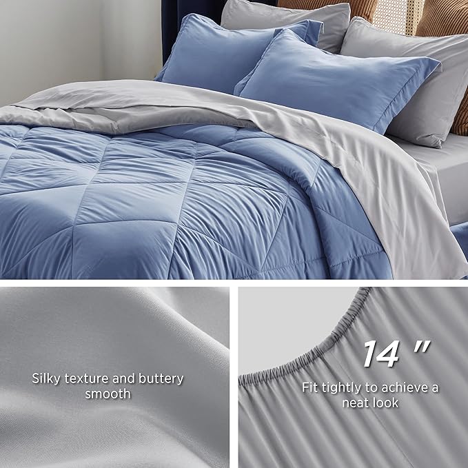 Bedsure Infinity Blue California King Size Comforter Set - 7 Pieces Reversible California King Bed in a Bag, California King Infinity Blue and Grey Bed Set with Comforters, Sheets, Pillowcases & Shams