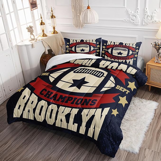 Datura home Football Comforter Sets for Boys Kids,Red Blue Theme Beige Football Championship,Duvet 3Pcs in Quilt Sets with 1 Comforter and 2 Pillowcases All Season(Red Twin)