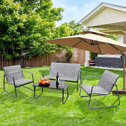 4 Pieces Patio Furniture Set Outdoor Patio Conversation Sets Poolside Lawn Chairs with Glass Coffee Table Porch Furniture for Courtyard, Garden and Balcony (Grey)