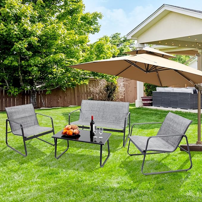 4 Piece Patio Outdoor Furniture Set with Strong Powder Coated Metal Frame One Love Seat, Two Single Chairs and one Table for Porch, Balcony, Backyad, Patio Conversation Set (Grey)