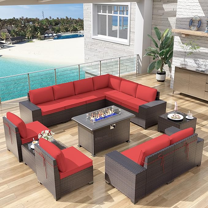 Patio Furniture Sectional Sofa Set 13-Pieces PE Rattan Patio Conversation Set w/43in Gas Fire Pit Table, Outdoor Furniture with 55000 BTU Propane Fire Pit, Red