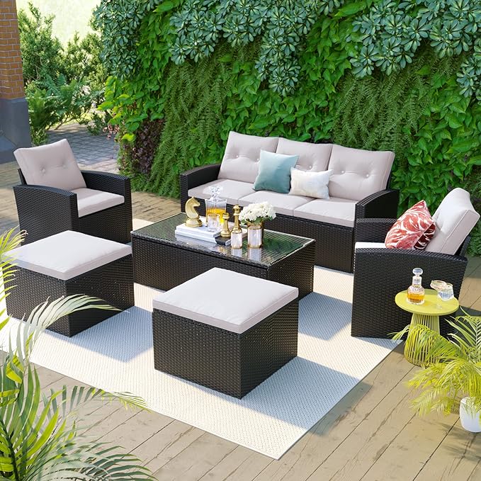 Merax 6 PCS Outdoor Patio Conversation Sets All-Weather PE Sectional Furniture with Coffee Table, Ottomans, Beige