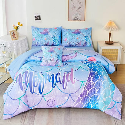 RYNGHIPY 6Pcs Mermaid Tail Comforter Set for Teens Girls Women, Mermaid Fish Scale Bed in a Bag Full Size, Sparkle Teal Purple Rainbow Bedroom Decor Bedding Set