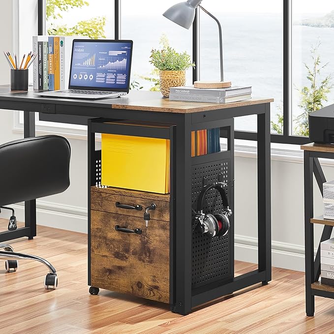 Yaheetech File Cabinets Industrial Office File Cabinet Mobile Filing Cabinet with Open Storage Shelf, Wood Filing Cabinet fits A4, Letter for Home Office Black/Rustic Brown