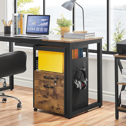 Yaheetech File Cabinets Industrial Office File Cabinet Mobile Filing Cabinet with Open Storage Shelf, Wood Filing Cabinet fits A4, Letter for Home Office Black/Rustic Brown