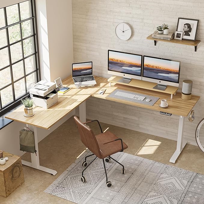 FEZIBO 75 Inches Triple Motor L Shaped Standing Desk Reversible, Electric Height Adjustable Corner Stand up Desk, Sit Stand Desk Computer Workstation, White Frame/Natural Top