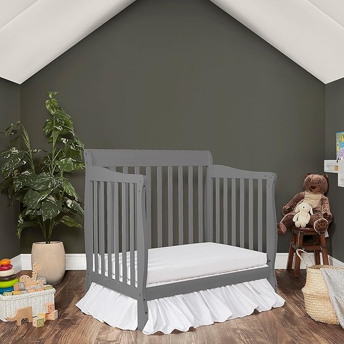 Aden 4-in-1 Convertible Mini Crib In Steel Grey, Greenguard Gold Certified, Non-Toxic Finish, New Zealand Pinewood, With 3 Mattress Height Settings
