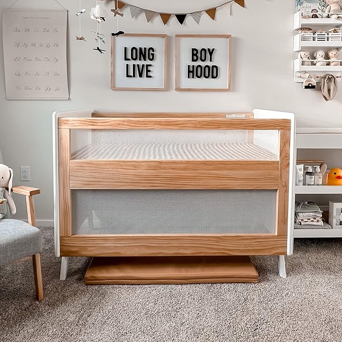 BreathableBaby Breathable Mesh 3-in-1 Convertible Crib (Toddler Bed Kit Sold Separately) — Beech & White — Two Adjustable Mattress Heights — Greenguard Gold Certified