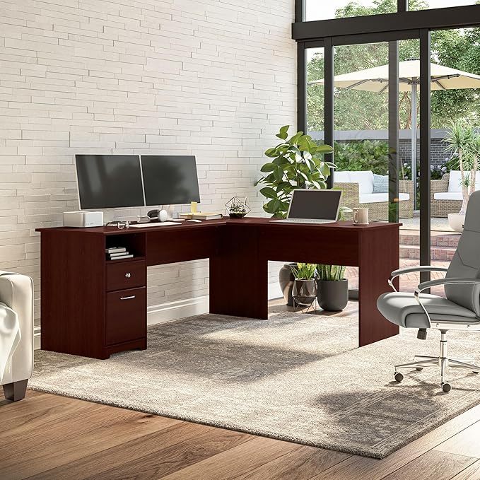 Bush Furniture L Shaped Desk with Drawers for Executive and Home Office | Cabot Collection Corner Table with Storage and Chrome Hardware Return, 72W, Harvest Cherry