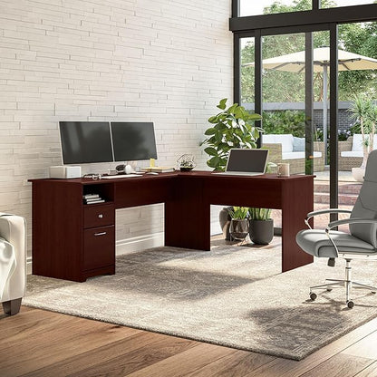Bush Furniture L Shaped Desk with Drawers for Executive and Home Office | Cabot Collection Corner Table with Storage and Chrome Hardware Return, 72W, Harvest Cherry