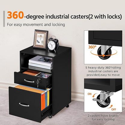 Yaheetech File Cabinet, Under Desk Vertical Cabinet with 2 Drawers and Open Compartment, Printer Stand with Lockable Wheels for A4 Letter Size Hangable File Folders for Home Office(Black)