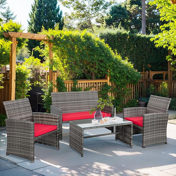 Shintenchi 4-Piece Outdoor Gray Wicker Patio Conversation Furniture Set, Rattan Patio Furniture Set with Weather Resistant Cushions and Tempered Glass Tabletop,Red