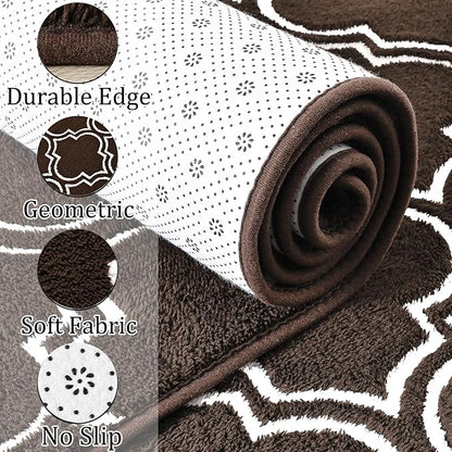 Chicrug Shag Geometric Modern Runner Rug for Bedroom, 2x6 Feet Memory Foam Indoor Hallway Runner Carpet, Fluffy Rug for Living Room Bedside Room Decor for Family, Brown/White