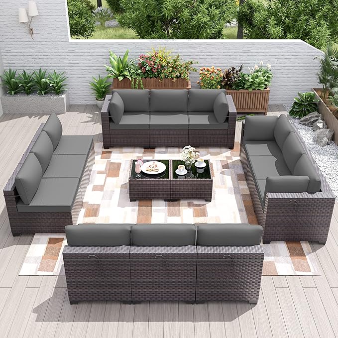 Patio Furniture Set 14-Pieces Outdoor Furniture for Backyard Wicker Sectional Sofa Set, Rattan Patio Conversation Set with Thickened Cushions and Glass Coffee Table, Grey