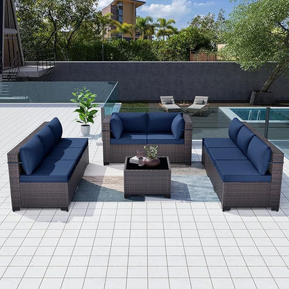 Patio Furniture Set 9-Pieces Outdoor Furniture for Backyard Wicker Sectional Sofa Set, Rattan Patio Conversation Set with Thickened Cushions and Glass Coffee Table, Navy Blue