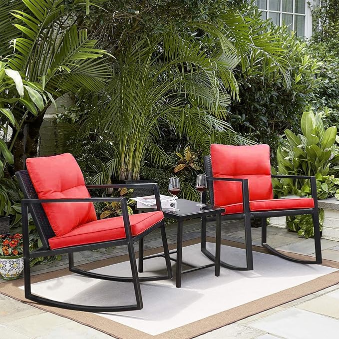 Greesum 3 Pieces Rocking Wicker Bistro Set, Patio Outdoor Furniture Conversation Sets with Porch Chairs and Glass Coffee Table, Red