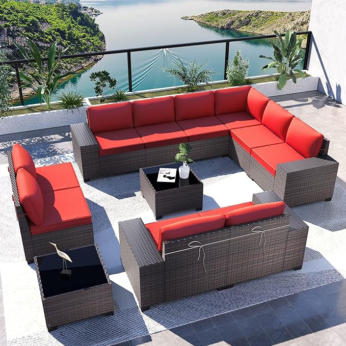 Kullavik 12PCS Outdoor Patio Furniture Set PE Wicker Rattan Sectional Sofa Patio Conversation Sets,Red