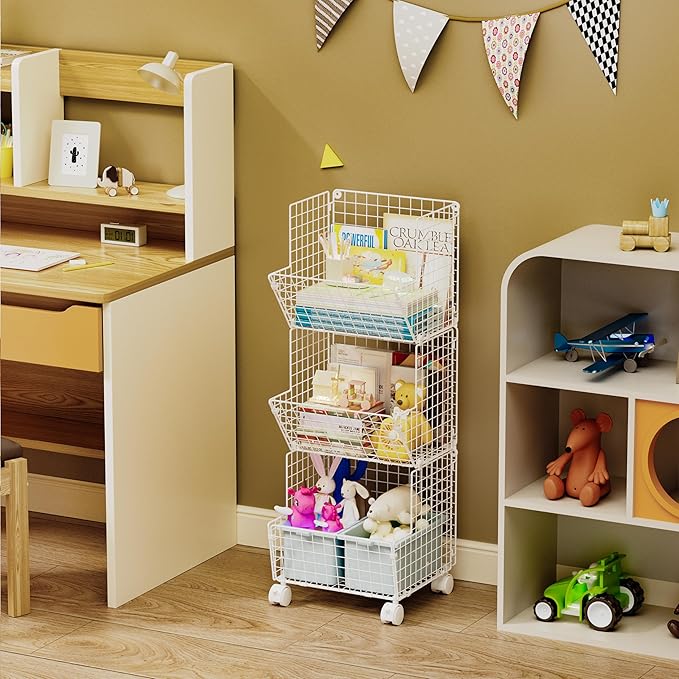 3 Tier Rolling Wire Toy Organizer Basket - with Wheel, S-Hooks, Toy Storage Cart Wall Bookshelf for Kids Room, Playroom, Bedroom (White, Standard)