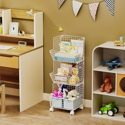 3 Tier Rolling Wire Toy Organizer Basket - with Wheel, S-Hooks, Toy Storage Cart Wall Bookshelf for Kids Room, Playroom, Bedroom (White, Standard)