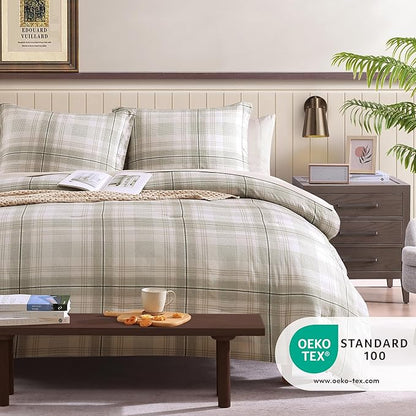 Beige Twin Comforter Set, Khaki Green Plaid Twin XL Comforter Set for Boys & Girls,Classic Homestead-style Twin Bed Set with Sheets and Comforter Set