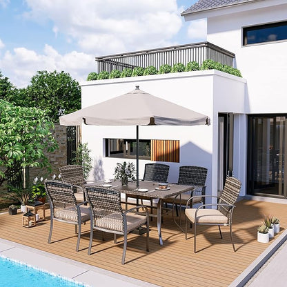 Pamapic 8504 Patio Dining 7 Piece, Outdoor Wicker Furniture Set for Backyard Garden Deck Poolside/Iron Slats Table Top, Removable Cushions, 7 Pack, Beige