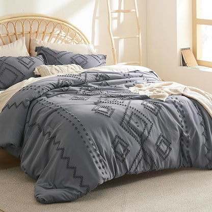 Bedsure Boho Comforter Set Full - Dark Grey Tufted Bedding Comforter Set, 3 Pieces Farmhouse Shabby Chic Embroidery Bedding Set, Soft Geometric Pattern Comforter for All Seasons