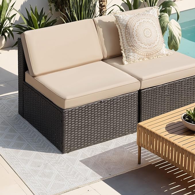 Greesum 2 Piece Patio Conversation Set Wicker Rattan Furniture Outdoor Sofa with Cushions,Pillows and Glass Table for Porch,Lawn and Yard, Beige